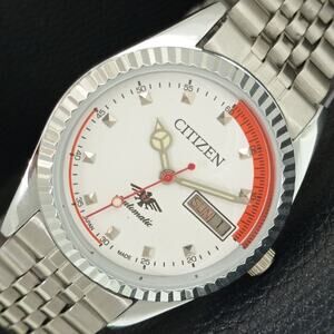 Vintage 1978 Citizen Automatic Mens Silver Watch W/daydate & Red accents